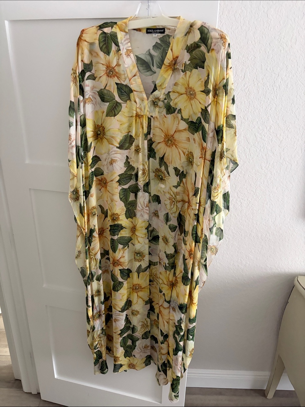 Dolce & Gabbana Yellow Floral Sheer Caftan with Green Leaf Print